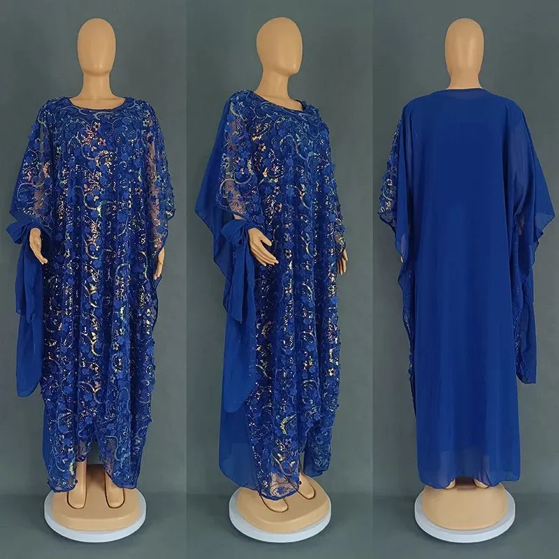 3PC African Dresses for Women – Sequin Flower Abaya, Kaftan Caftan, Dashiki Robe, and Traditional Dress Set