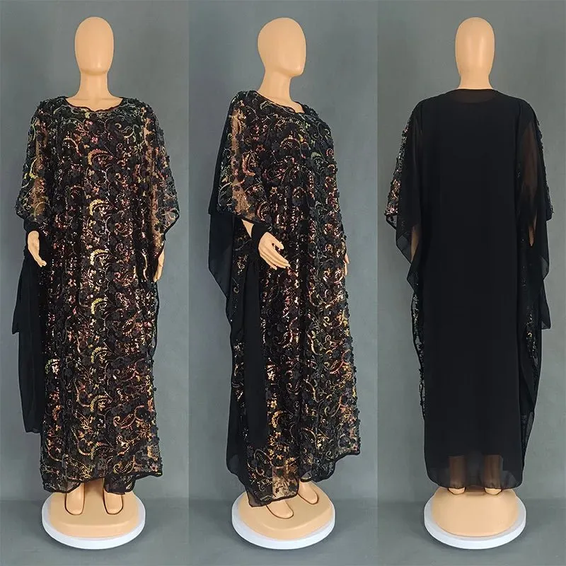 3PC African Dresses for Women – Sequin Flower Abaya, Kaftan Caftan, Dashiki Robe, and Traditional Dress Set