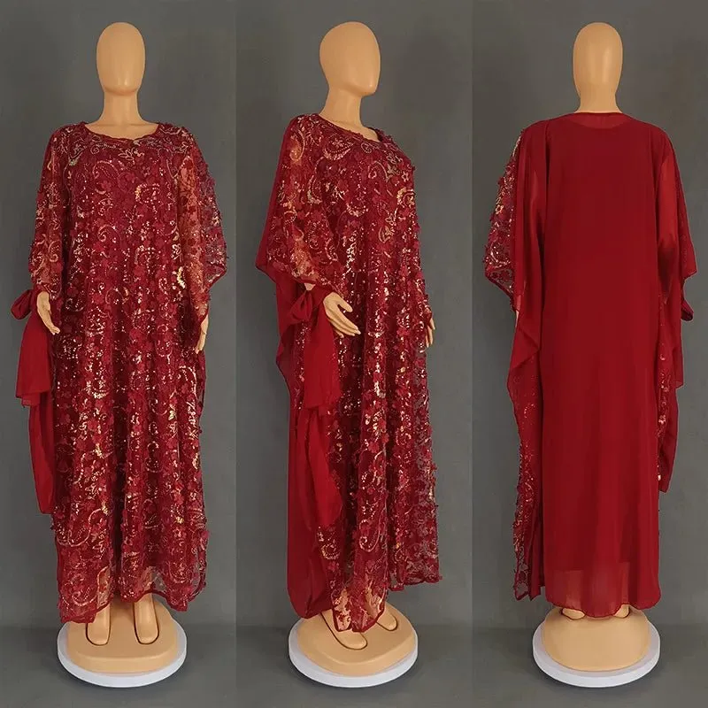 3PC African Dresses for Women – Sequin Flower Abaya, Kaftan Caftan, Dashiki Robe, and Traditional Dress Set