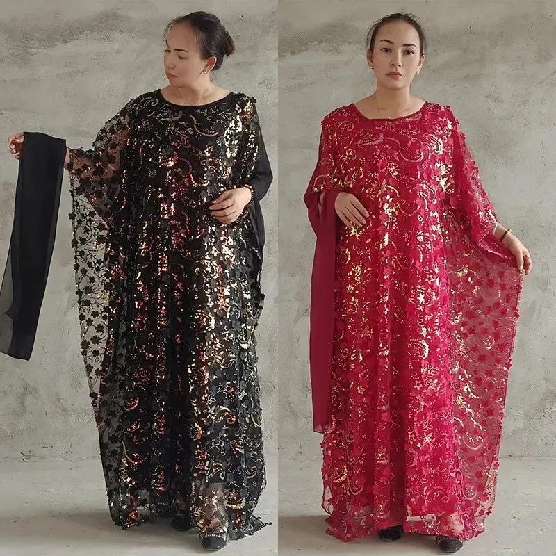 3PC African Dresses for Women – Sequin Flower Abaya, Kaftan Caftan, Dashiki Robe, and Traditional Dress Set