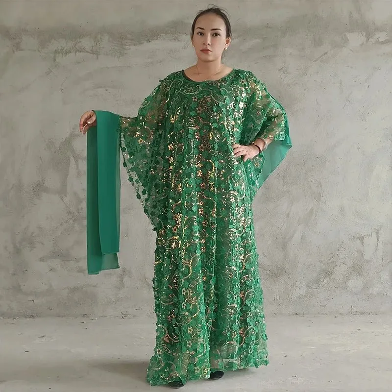 3PC African Dresses for Women – Sequin Flower Abaya, Kaftan Caftan, Dashiki Robe, and Traditional Dress Set