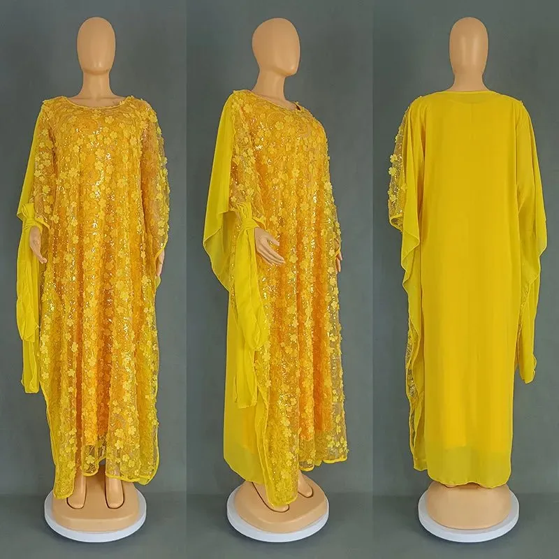 3PC African Dresses for Women – Sequin Flower Abaya, Kaftan Caftan, Dashiki Robe, and Traditional Dress Set
