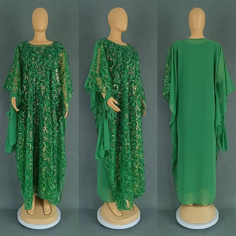 3PC African Dresses for Women – Sequin Flower Abaya, Kaftan Caftan, Dashiki Robe, and Traditional Dress Set