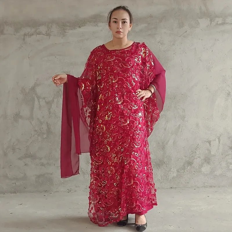 3PC African Dresses for Women – Sequin Flower Abaya, Kaftan Caftan, Dashiki Robe, and Traditional Dress Set