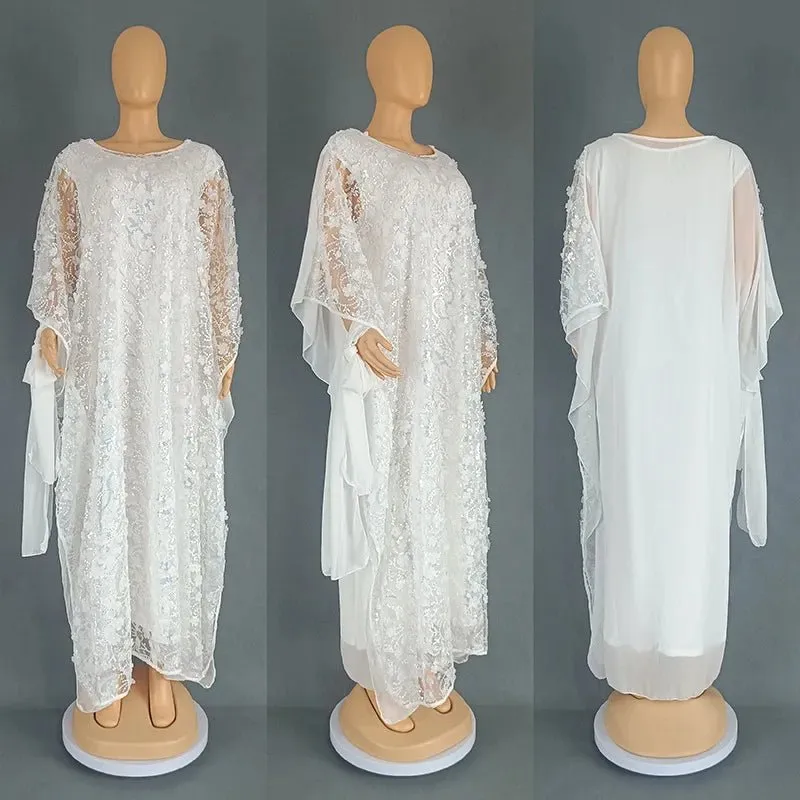 3PC African Dresses for Women – Sequin Flower Abaya, Kaftan Caftan, Dashiki Robe, and Traditional Dress Set