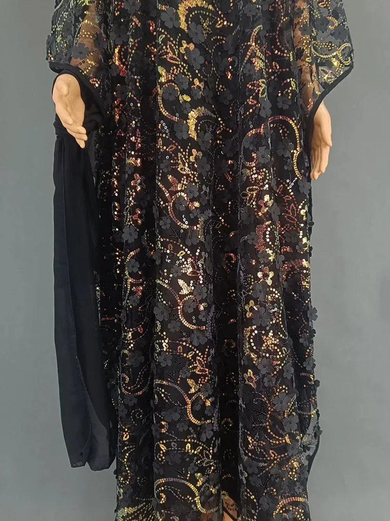 3PC African Dresses for Women – Sequin Flower Abaya, Kaftan Caftan, Dashiki Robe, and Traditional Dress Set