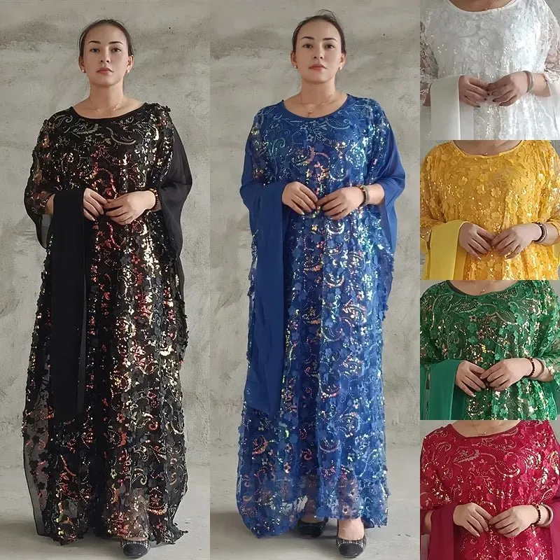 3PC African Dresses for Women – Sequin Flower Abaya, Kaftan Caftan, Dashiki Robe, and Traditional Dress Set