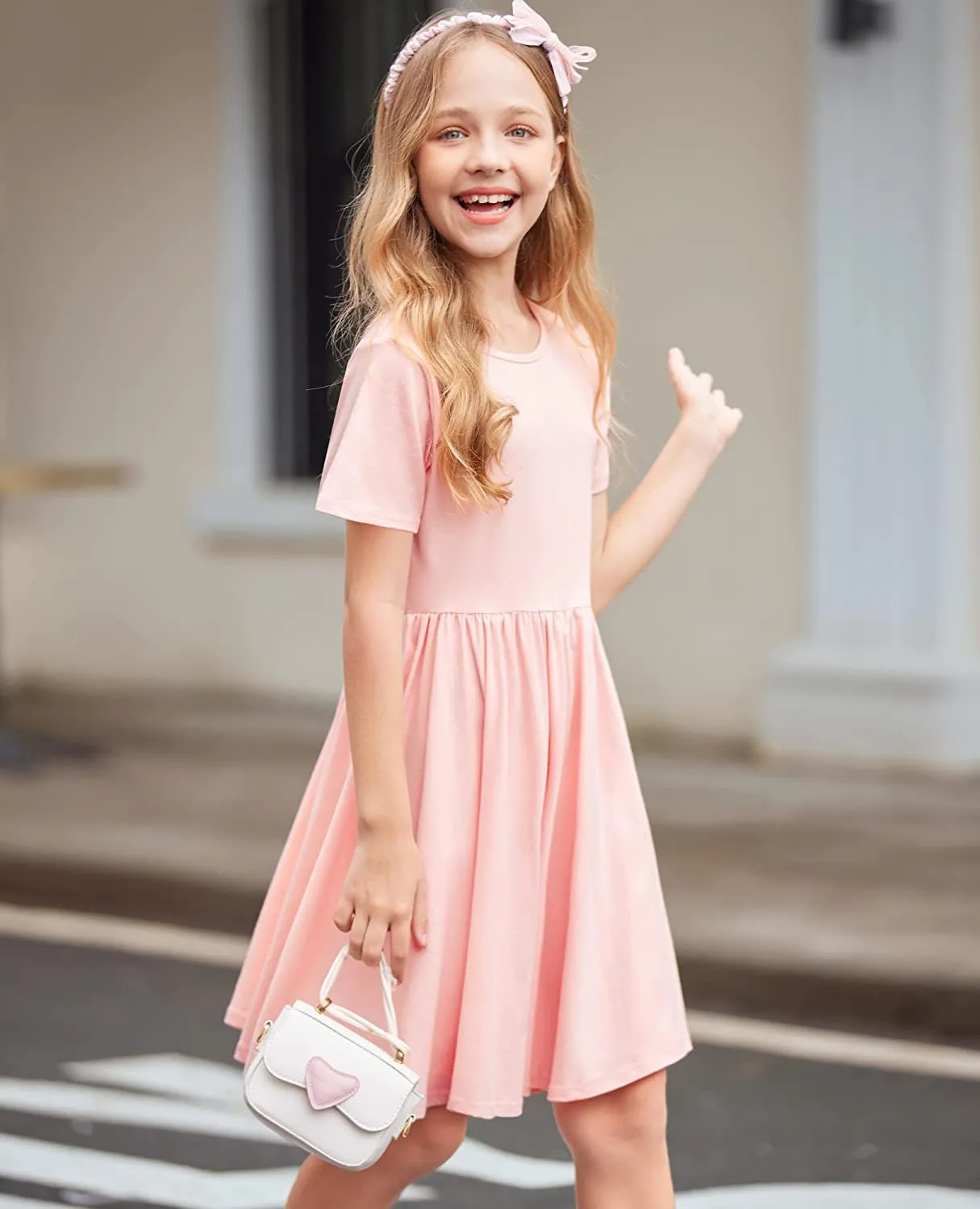 Arshiner Girls Dress Short Sleeve A-line Swing Twirly Skater Dresses
