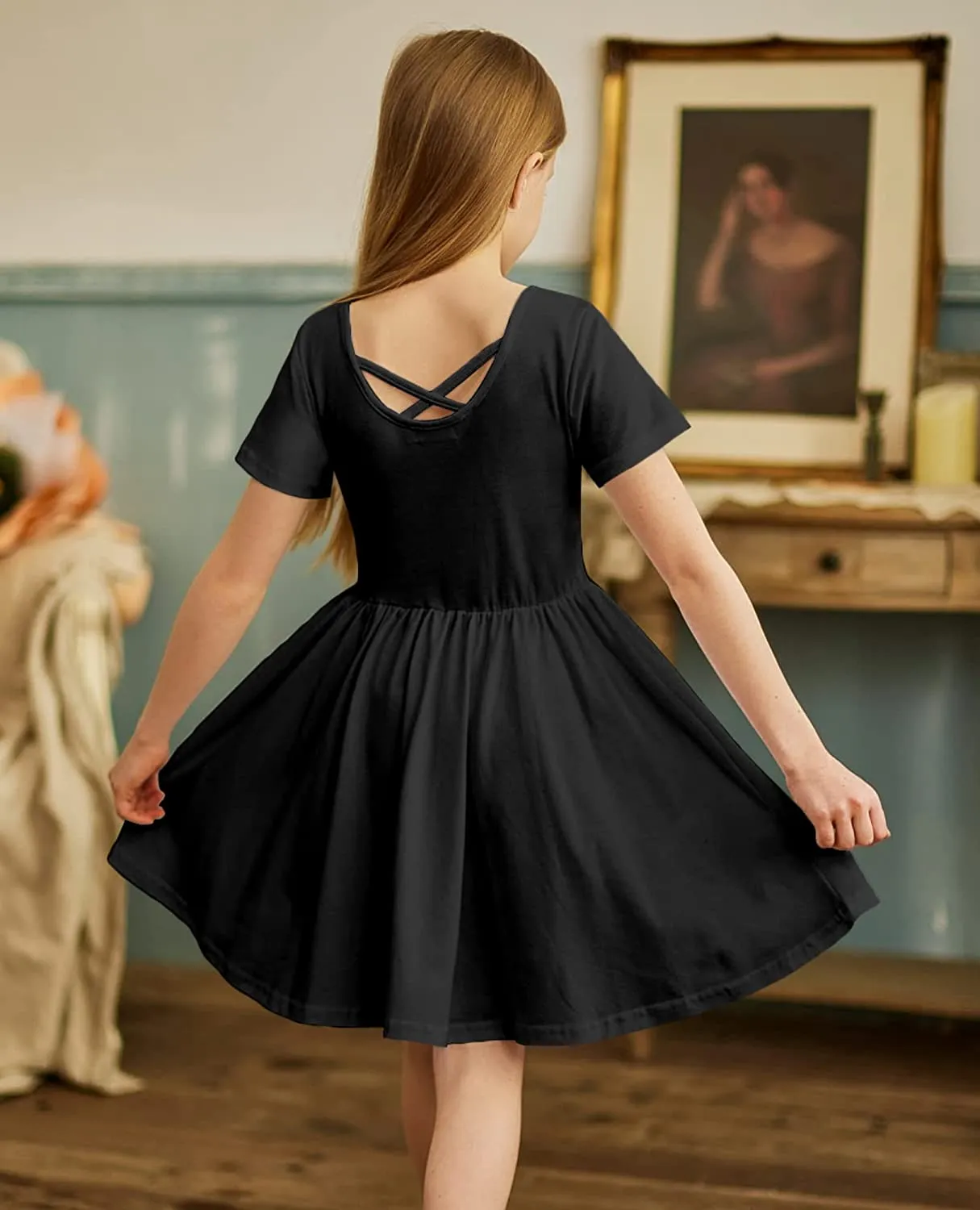 Arshiner Girls Dress Short Sleeve A-line Swing Twirly Skater Dresses