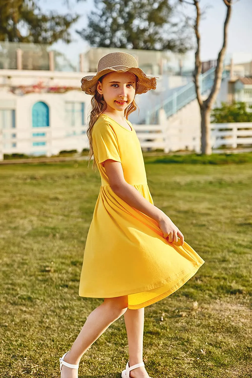 Arshiner Girls Dress Short Sleeve A-line Swing Twirly Skater Dresses