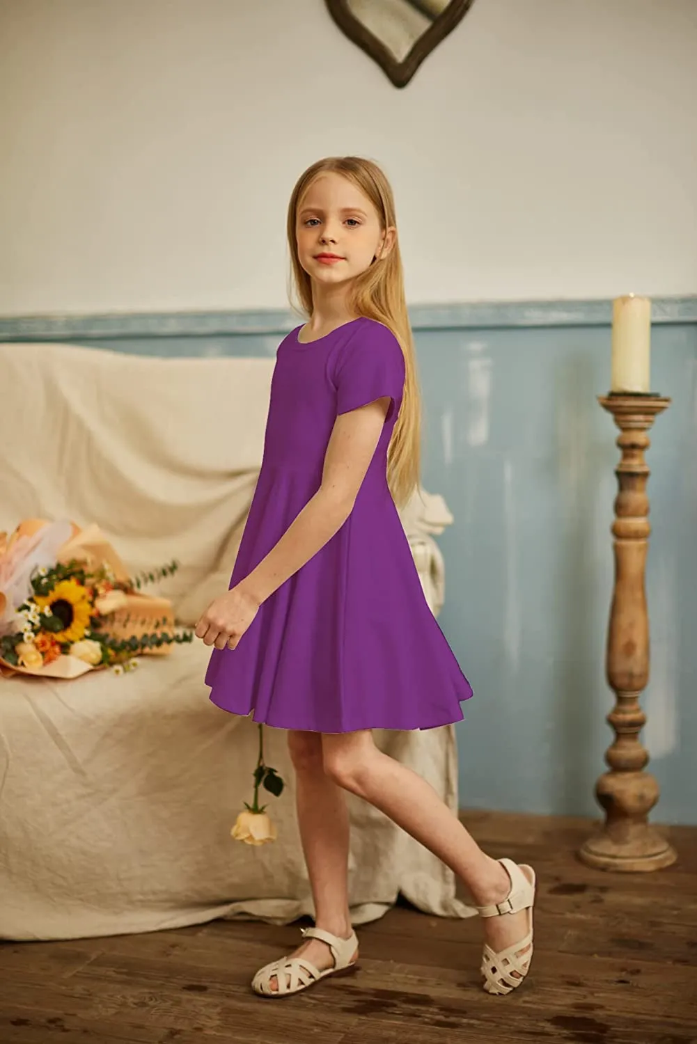 Arshiner Girls Dress Short Sleeve A-line Swing Twirly Skater Dresses