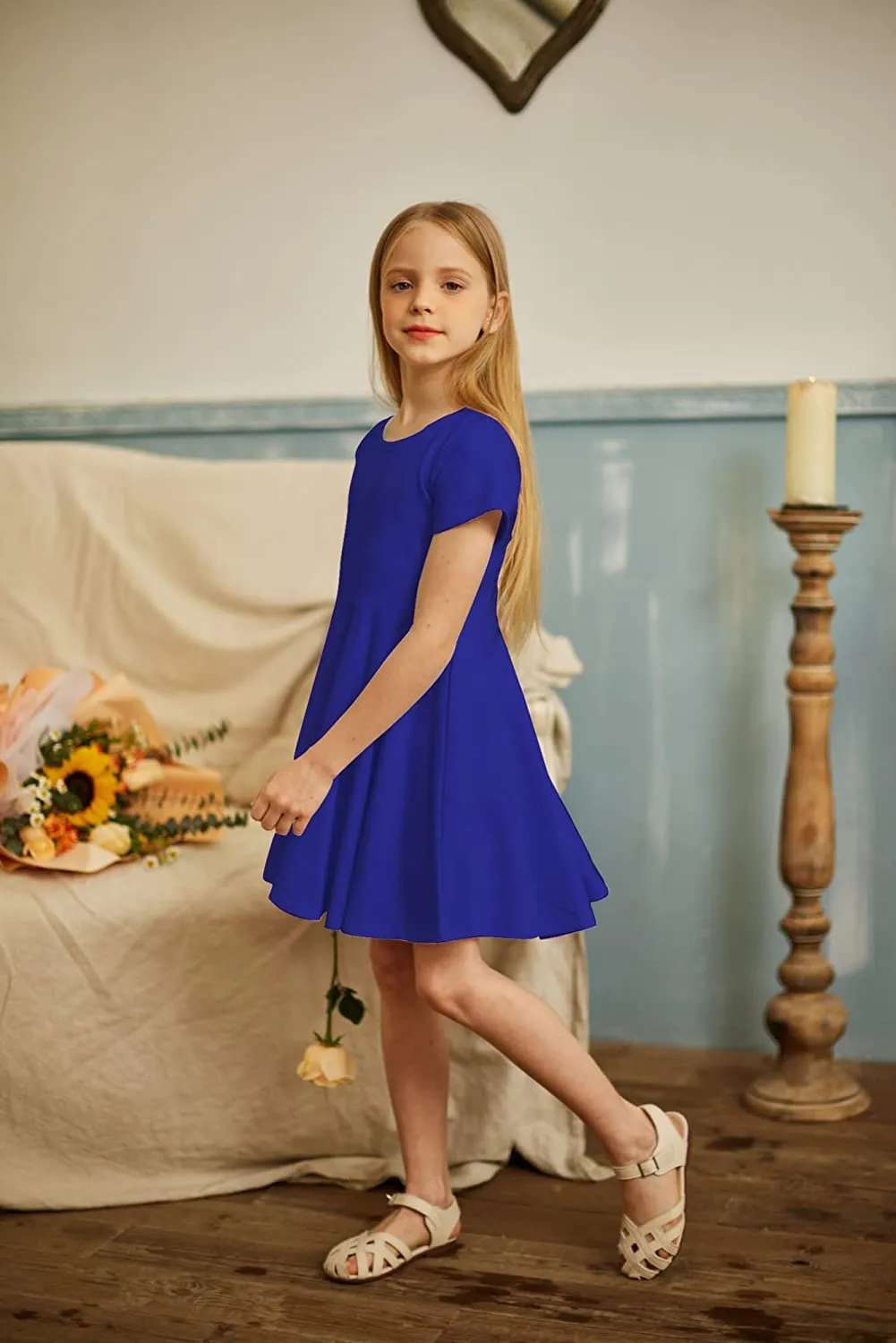 Arshiner Girls Dress Short Sleeve A-line Swing Twirly Skater Dresses