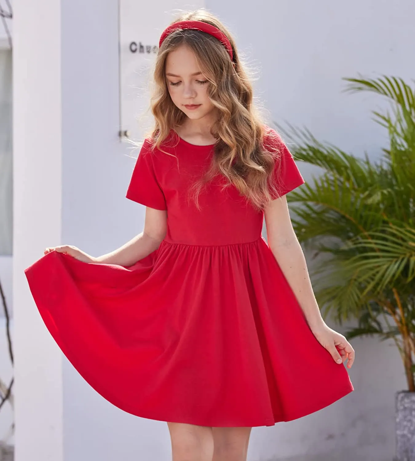 Arshiner Girls Dress Short Sleeve A-line Swing Twirly Skater Dresses