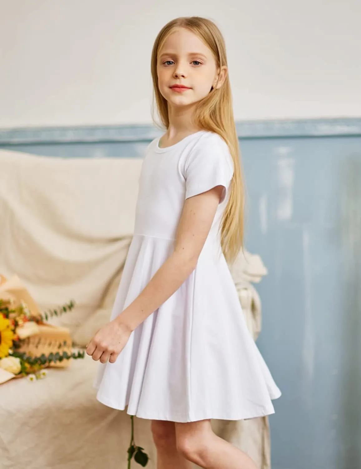 Arshiner Girls Dress Short Sleeve A-line Swing Twirly Skater Dresses