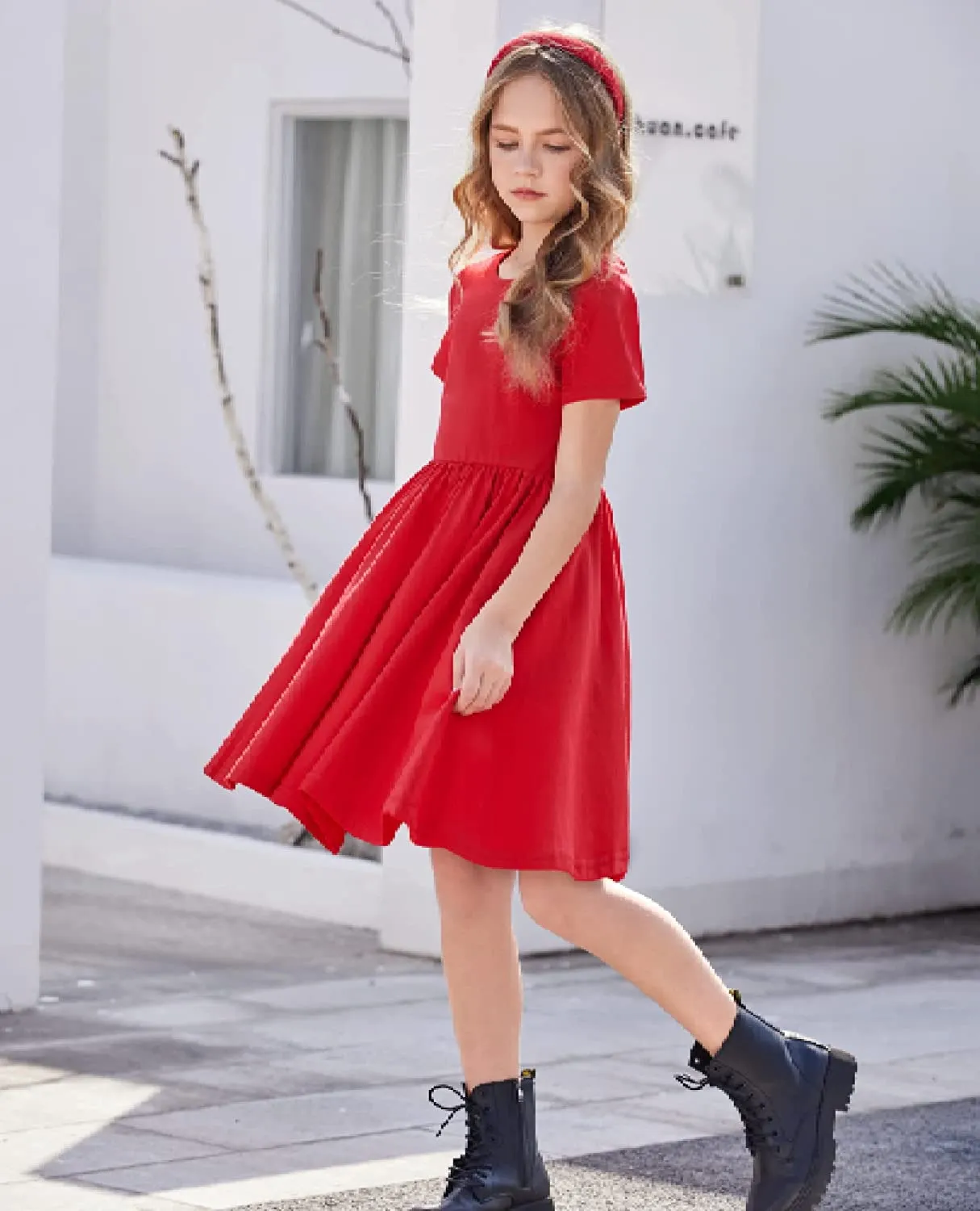 Arshiner Girls Dress Short Sleeve A-line Swing Twirly Skater Dresses