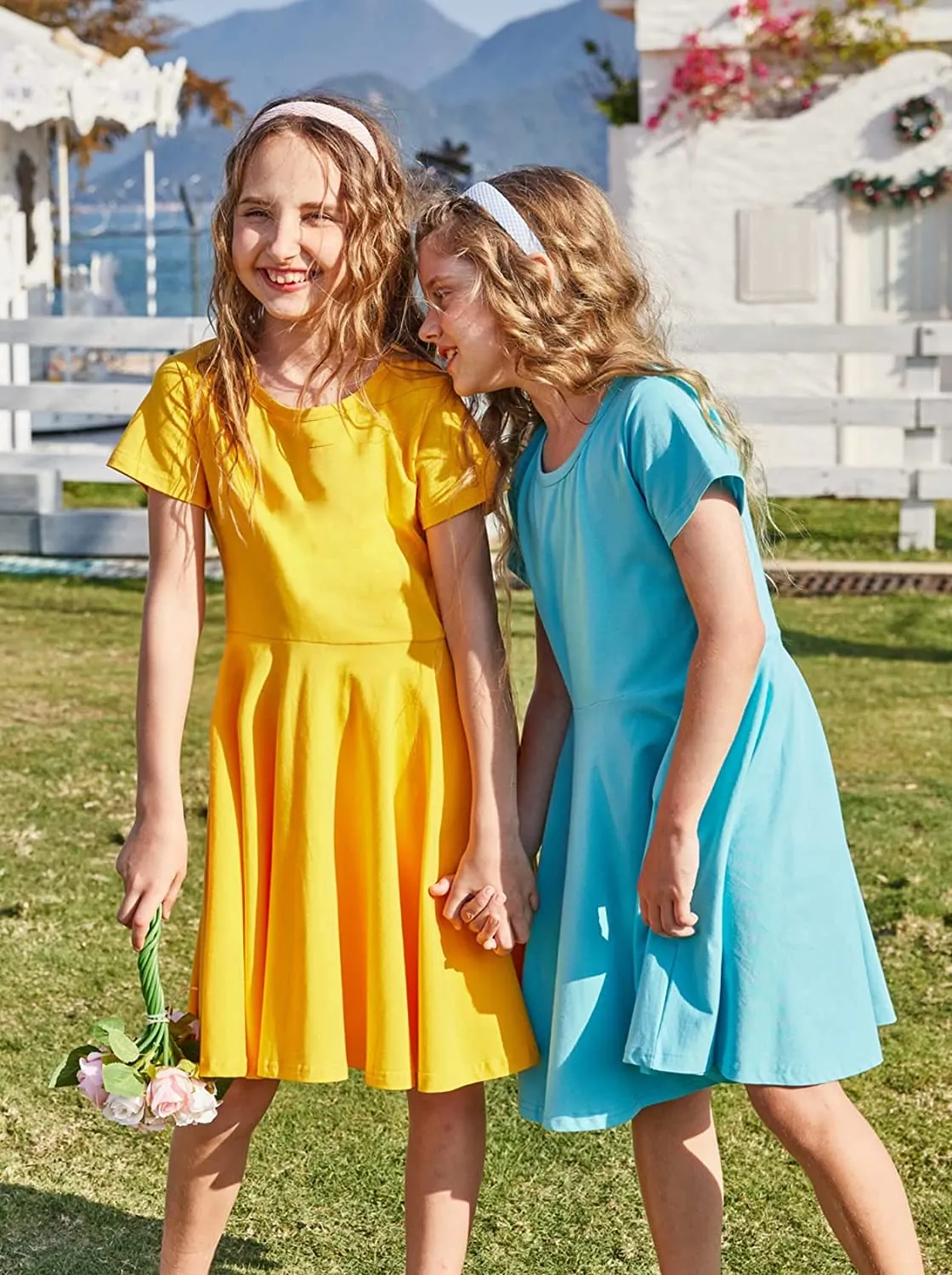 Arshiner Girls Dress Short Sleeve A-line Swing Twirly Skater Dresses