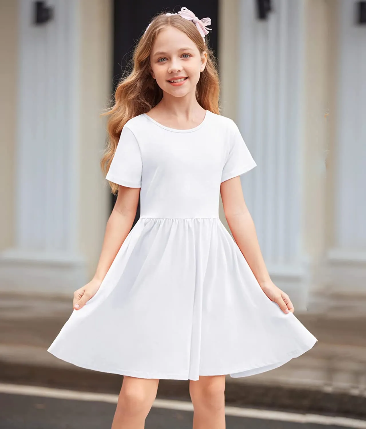 Arshiner Girls Dress Short Sleeve A-line Swing Twirly Skater Dresses