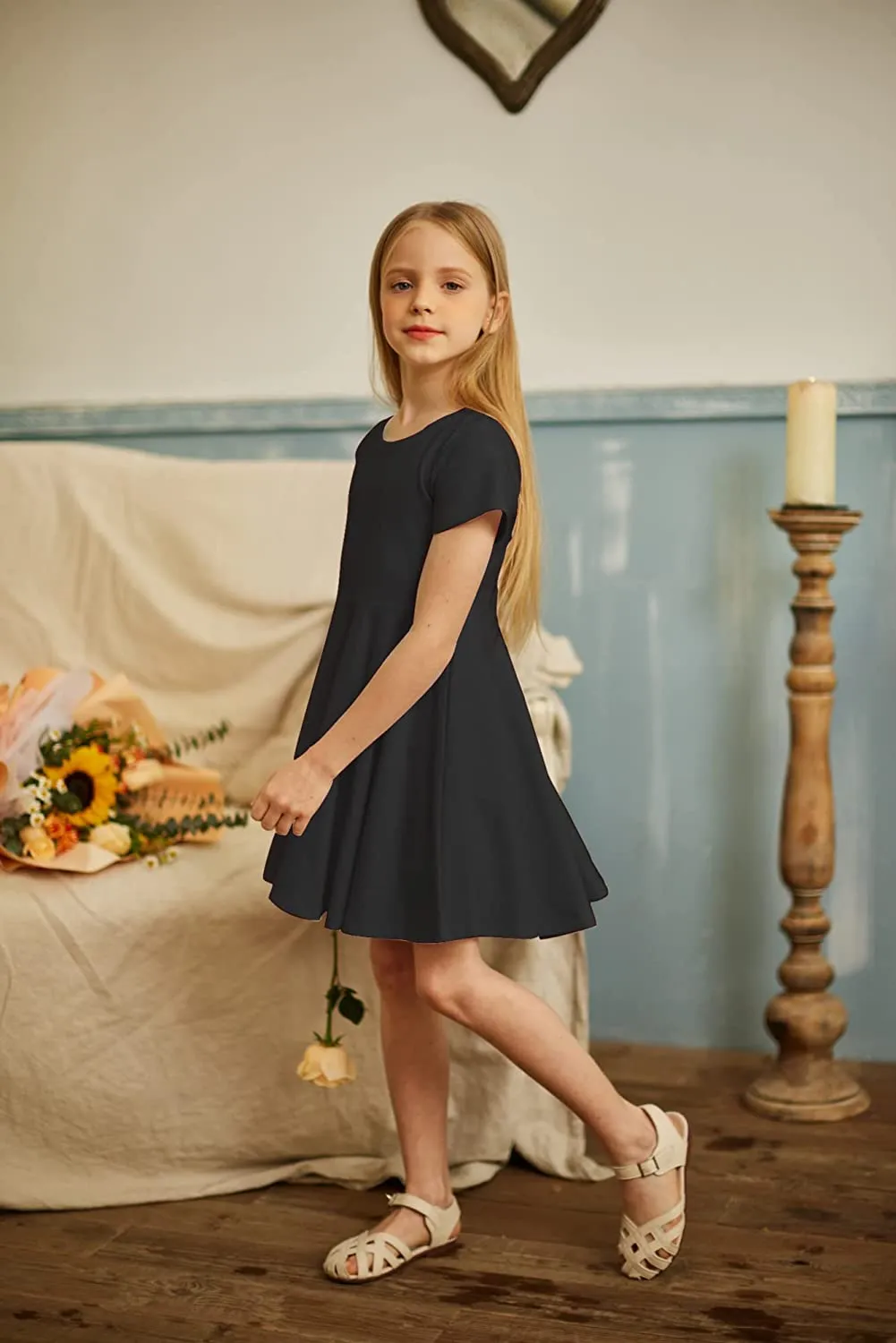 Arshiner Girls Dress Short Sleeve A-line Swing Twirly Skater Dresses