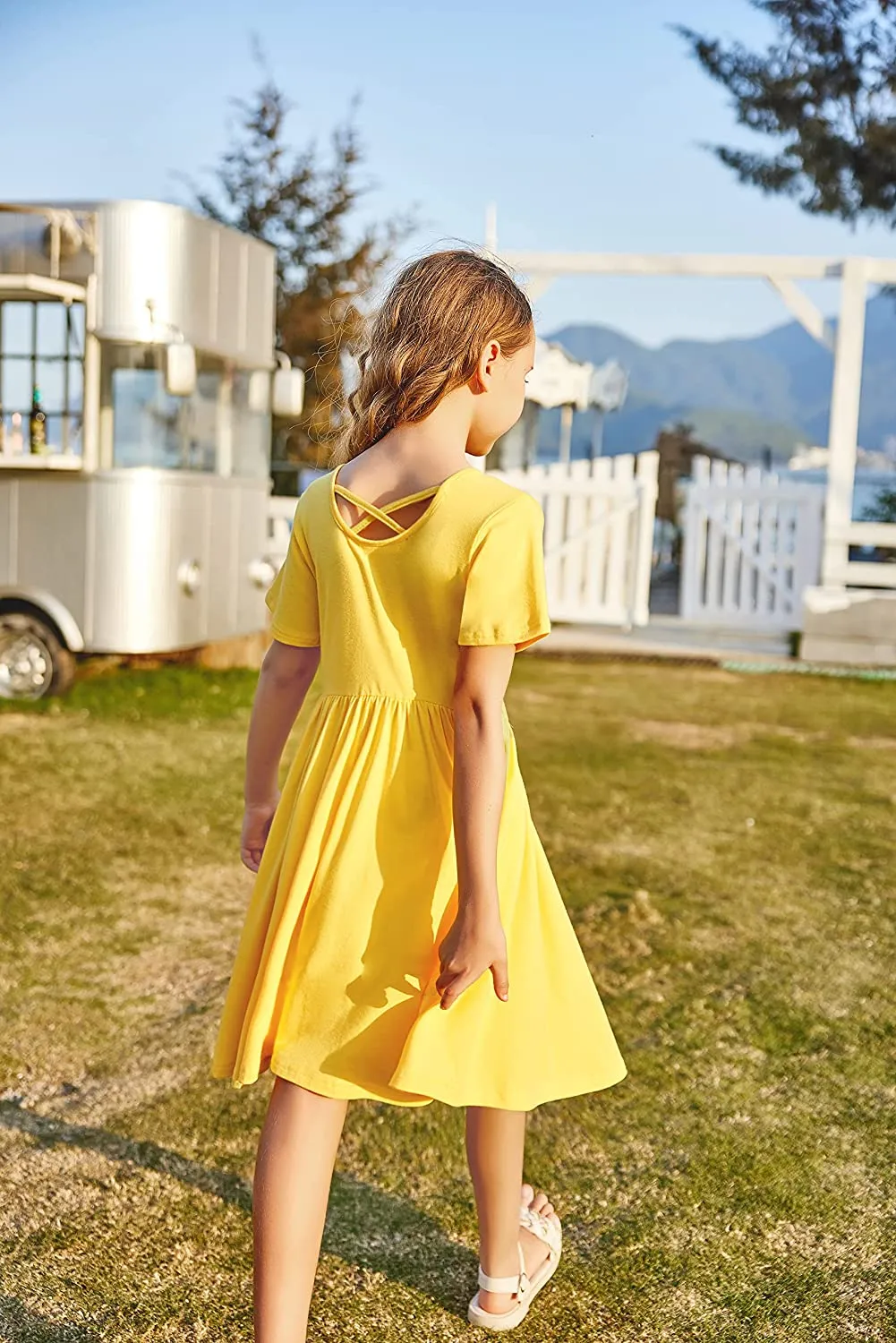Arshiner Girls Dress Short Sleeve A-line Swing Twirly Skater Dresses