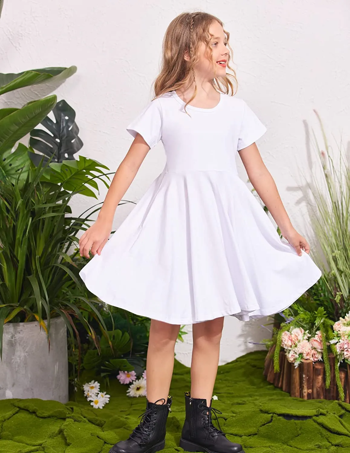 Arshiner Girls Dress Short Sleeve A-line Swing Twirly Skater Dresses
