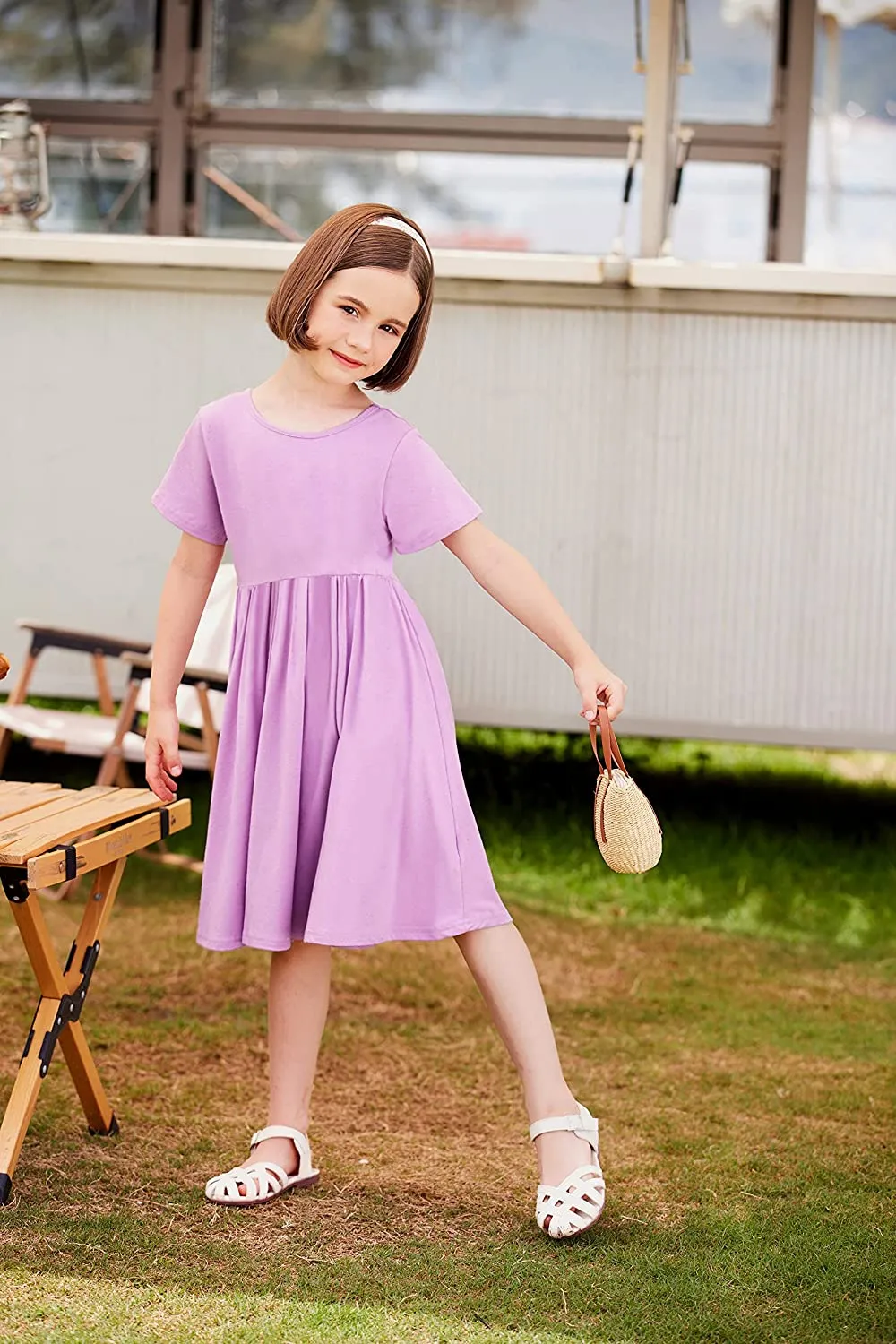 Arshiner Girls Dress Short Sleeve A-line Swing Twirly Skater Dresses