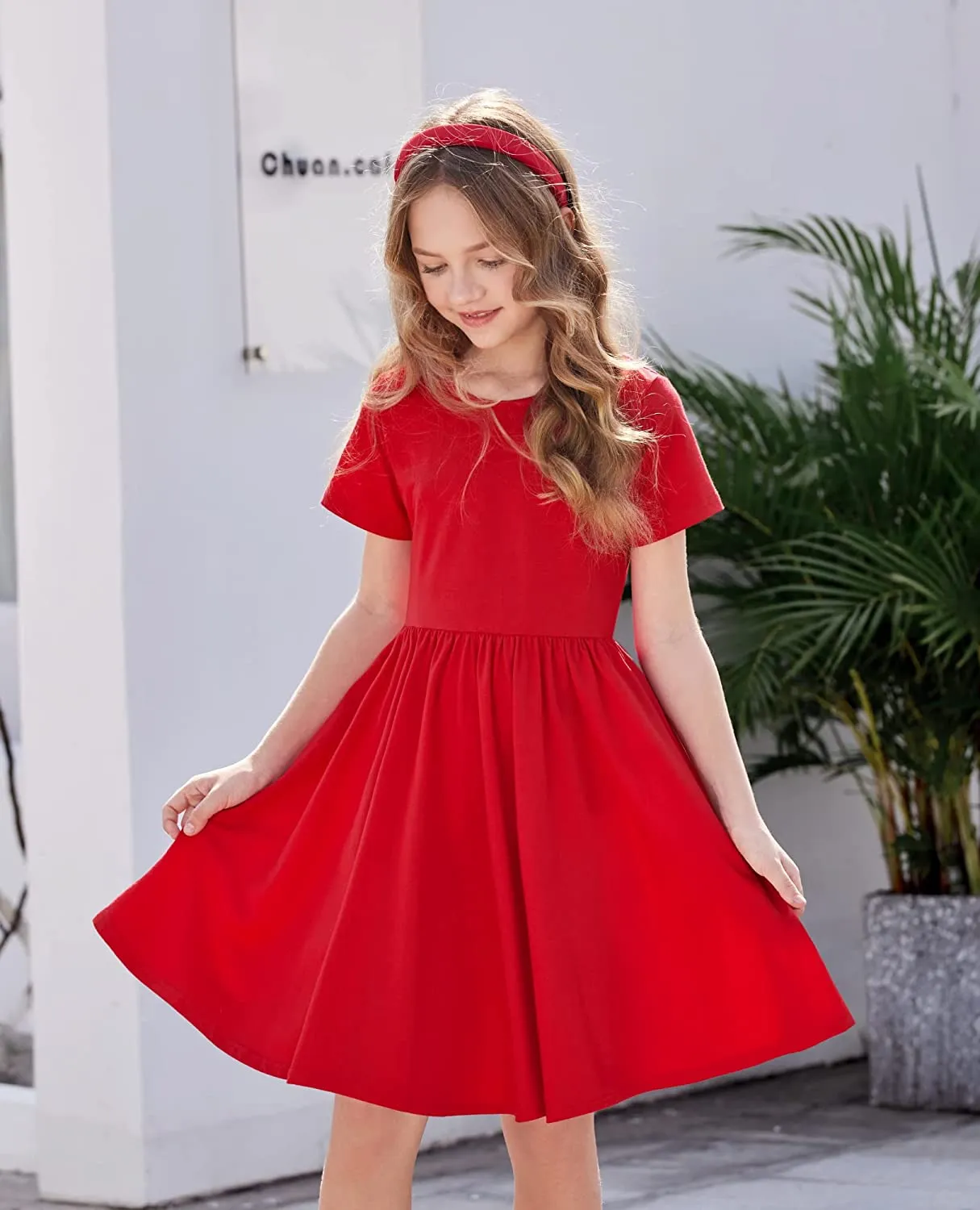 Arshiner Girls Dress Short Sleeve A-line Swing Twirly Skater Dresses