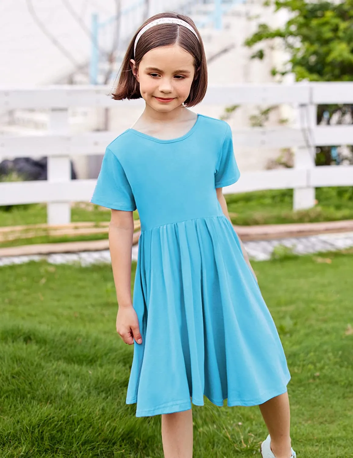 Arshiner Girls Dress Short Sleeve A-line Swing Twirly Skater Dresses