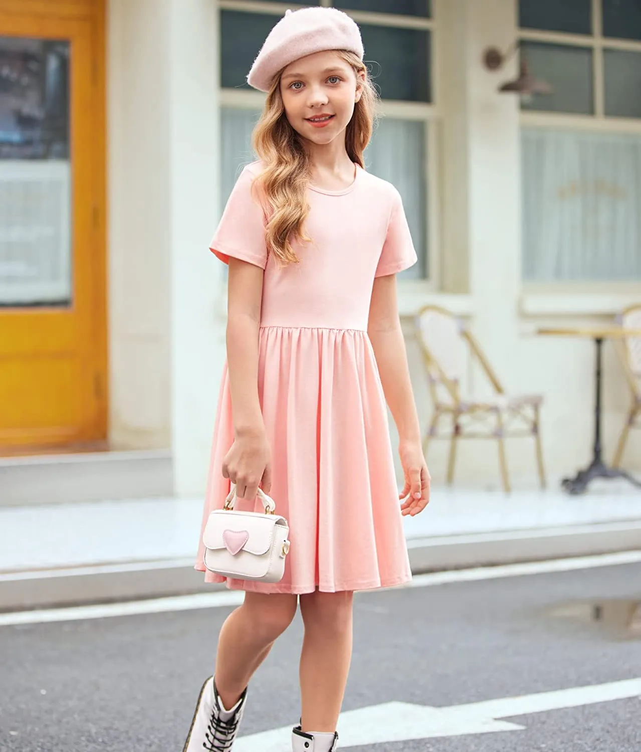 Arshiner Girls Dress Short Sleeve A-line Swing Twirly Skater Dresses