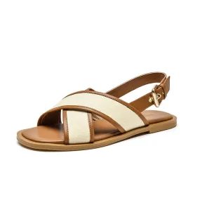 BeauToday Leisure Calfskin Cross Strap Slingback Sandals with Buckle Decor for Women