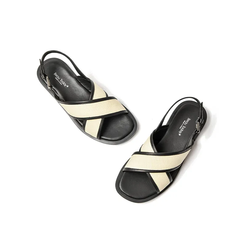 BeauToday Leisure Calfskin Cross Strap Slingback Sandals with Buckle Decor for Women