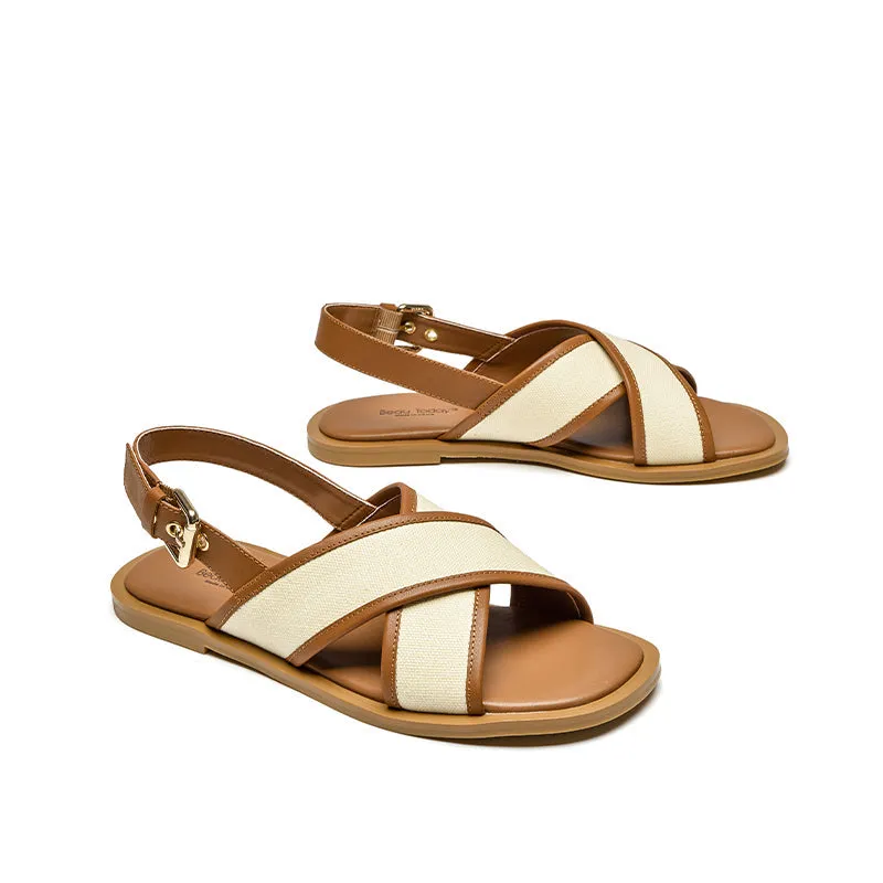 BeauToday Leisure Calfskin Cross Strap Slingback Sandals with Buckle Decor for Women