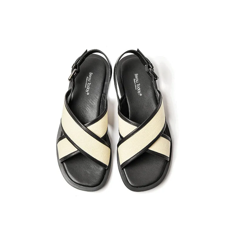 BeauToday Leisure Calfskin Cross Strap Slingback Sandals with Buckle Decor for Women