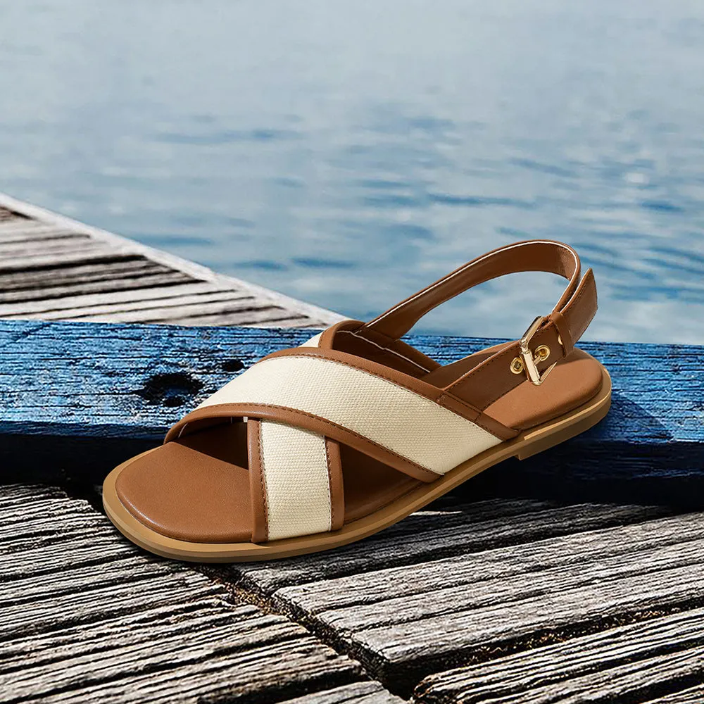 BeauToday Leisure Calfskin Cross Strap Slingback Sandals with Buckle Decor for Women
