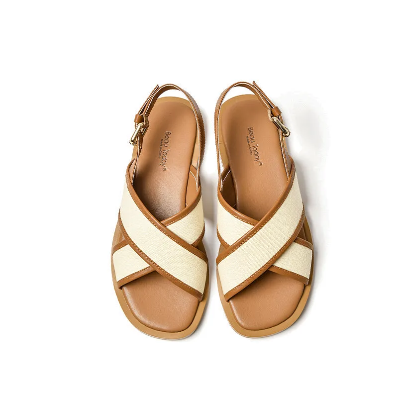 BeauToday Leisure Calfskin Cross Strap Slingback Sandals with Buckle Decor for Women