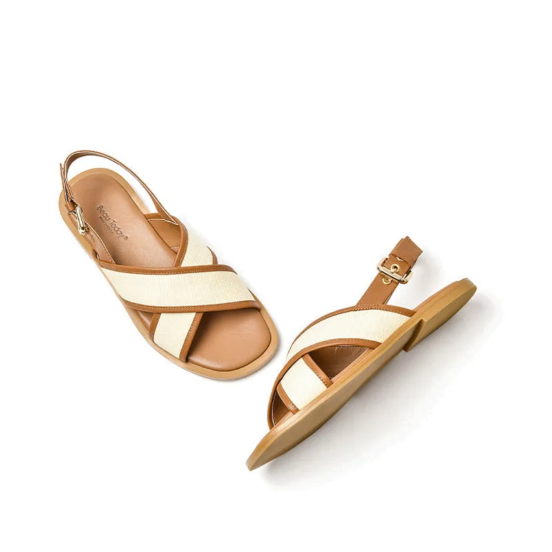 BeauToday Leisure Calfskin Cross Strap Slingback Sandals with Buckle Decor for Women