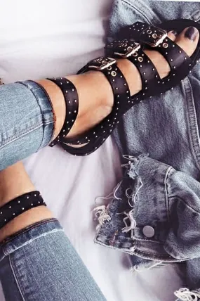 Black PU Stud Multi Buckle Sandals - Bryella
