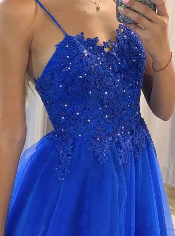 Blue Tulle Spaghetti Straps Floor length A-line Prom Dresses, Formal Dress