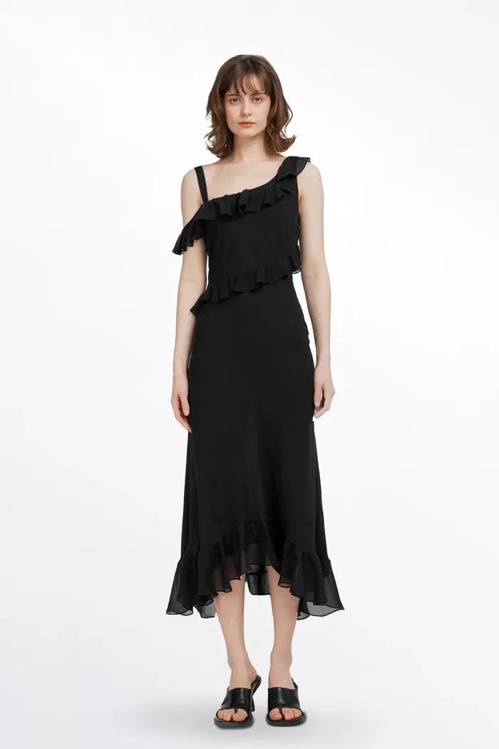 Calla Asymmetrical Ruffle Dress in Georgette Silk