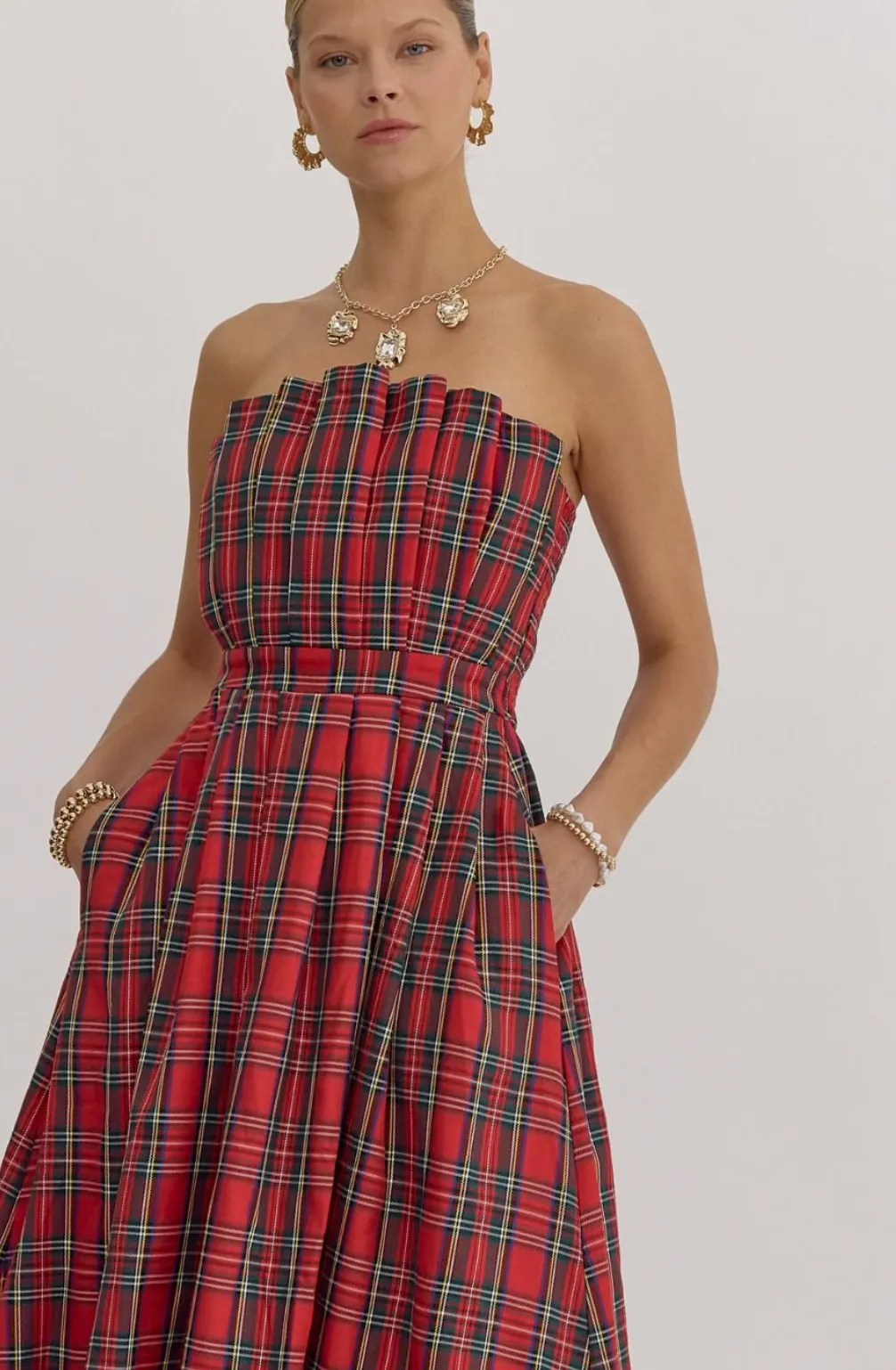 Charlie Plaid Strapless Midi Dress