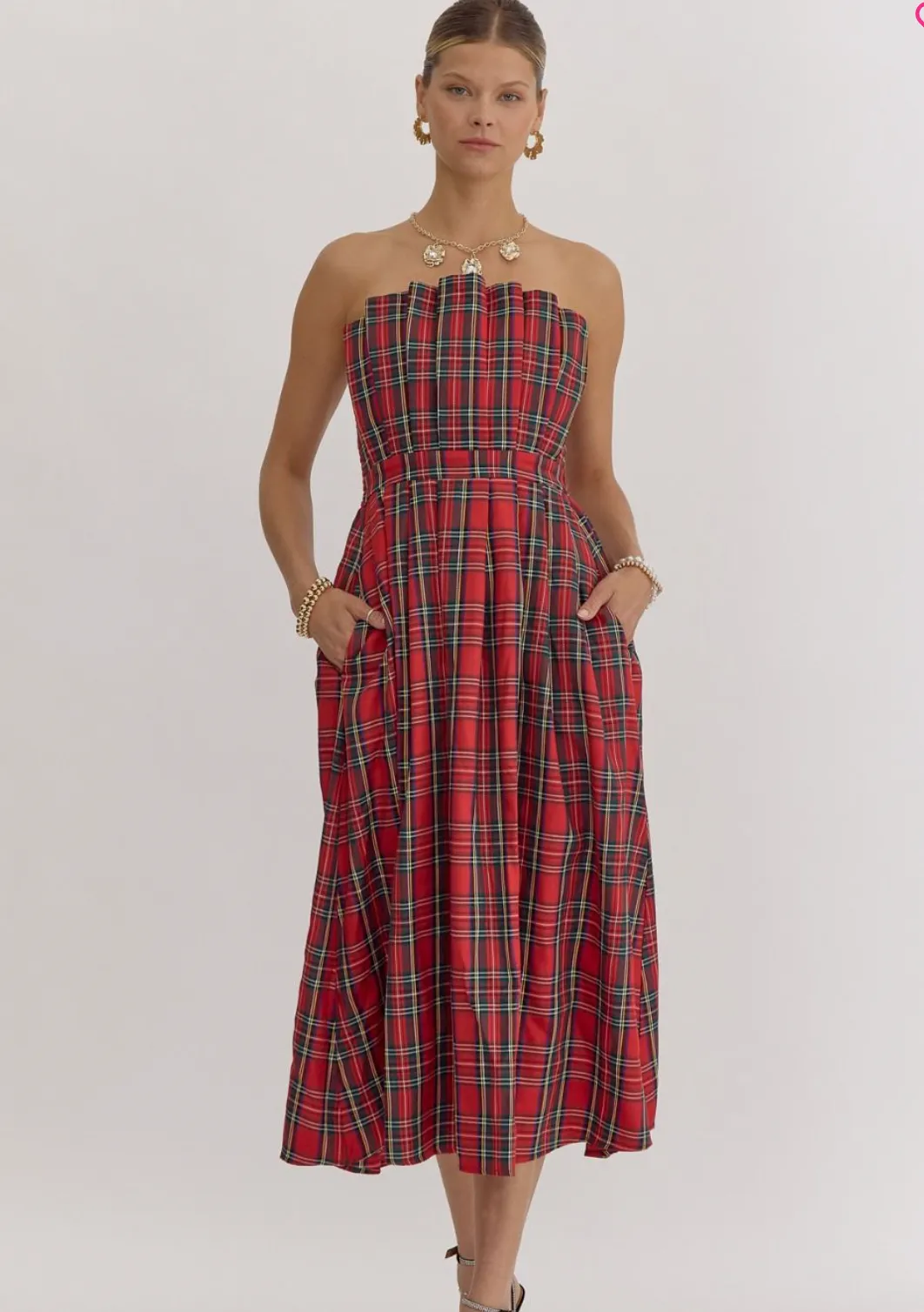 Charlie Plaid Strapless Midi Dress