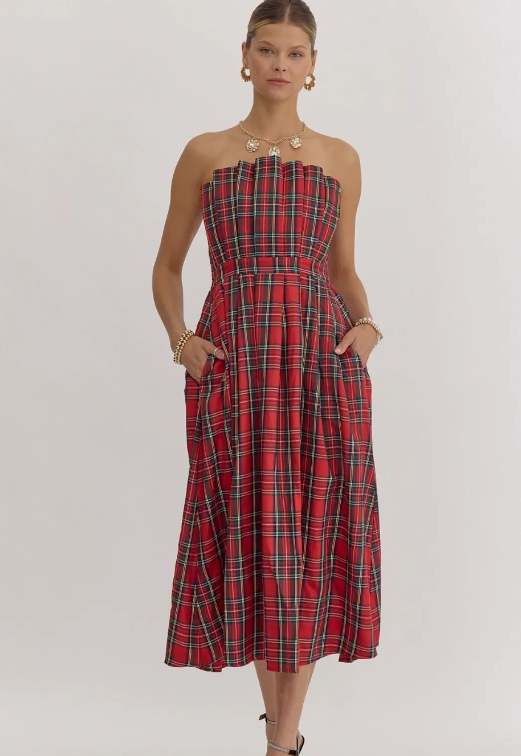 Charlie Plaid Strapless Midi Dress
