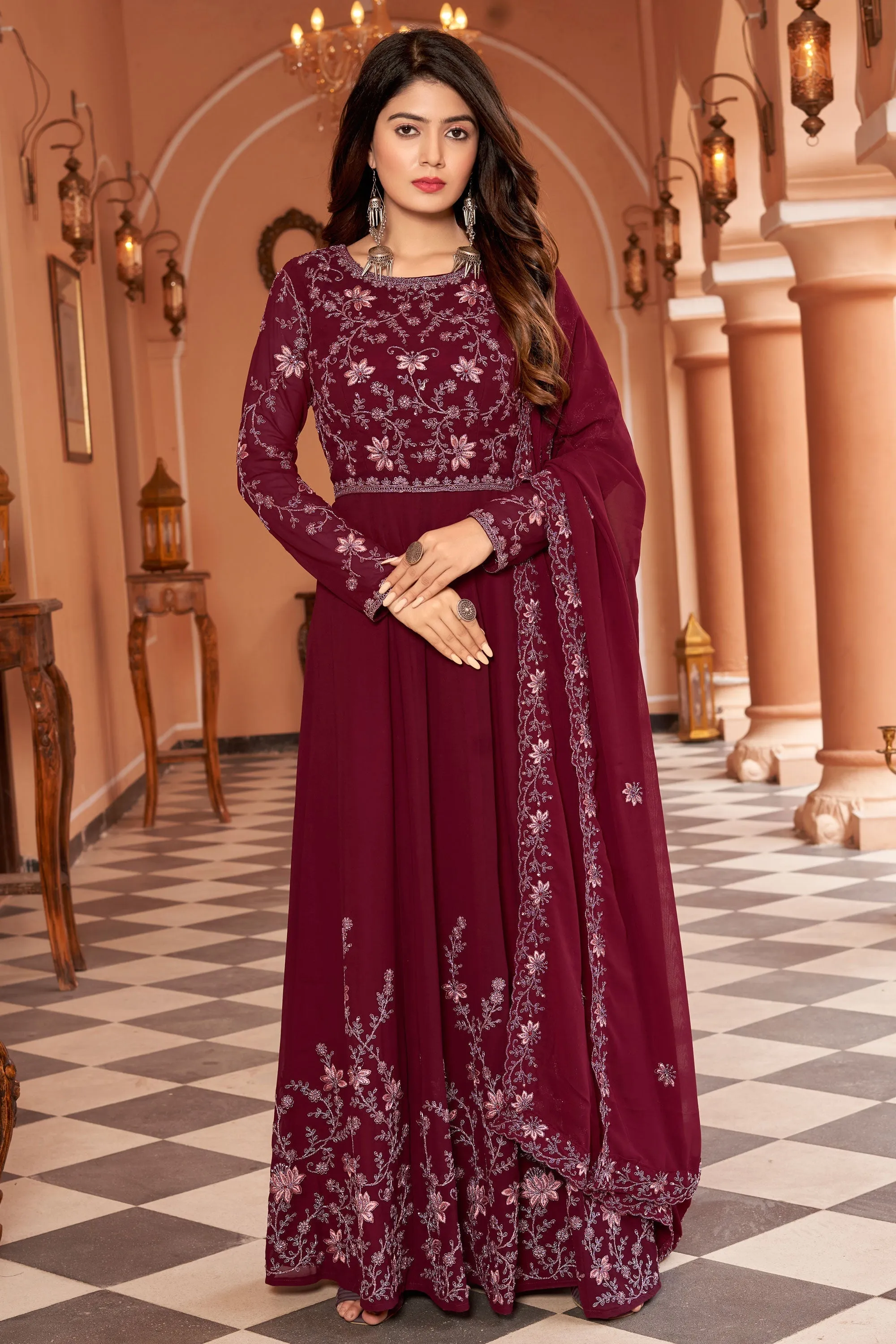 Charming Maroon Color Function Wear Georgette Anarkali Suit