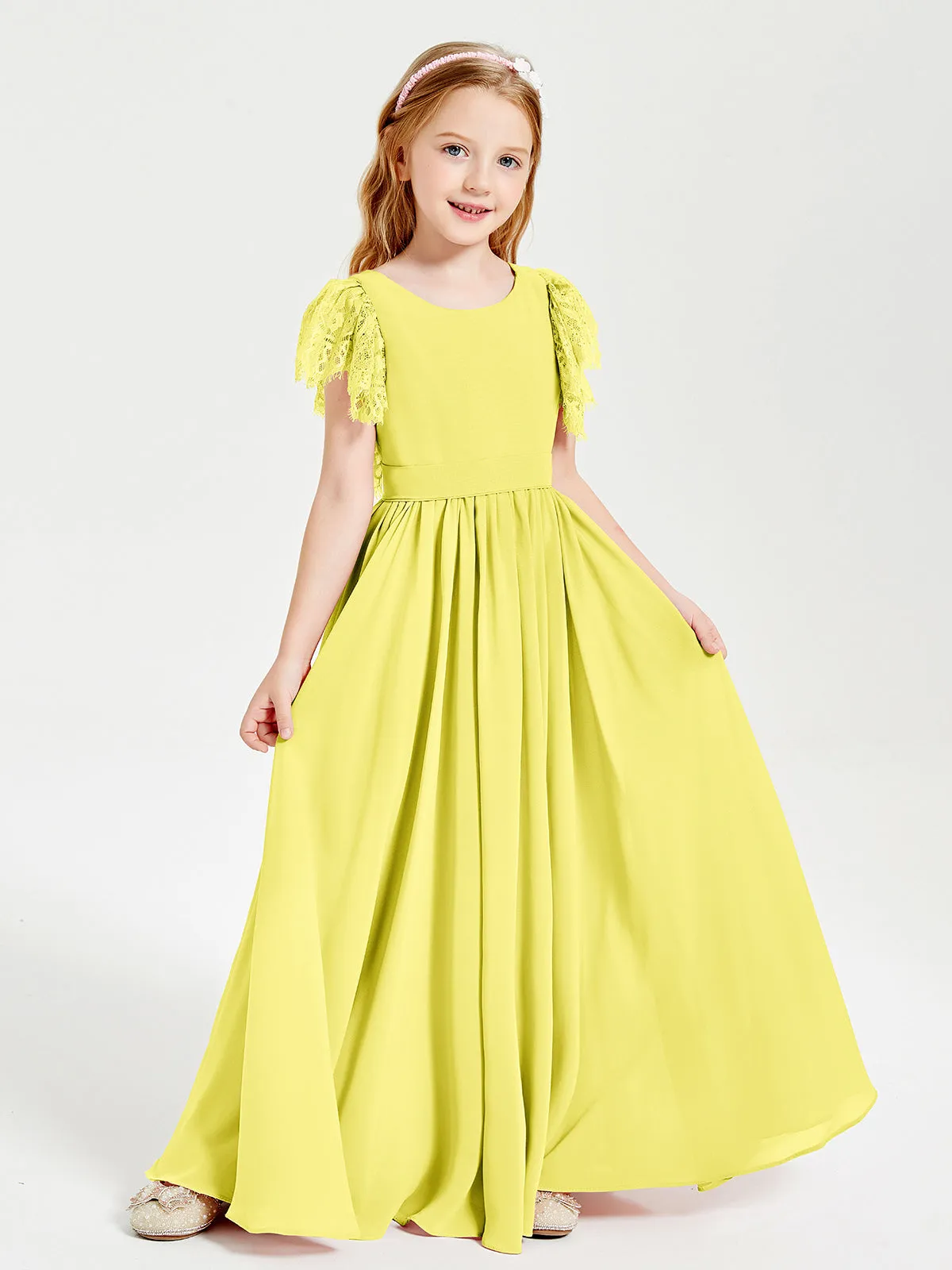 Chiffon Junior Bridesmaid Dresses Lace Flutter Sleeves Scoop Neck Lemon