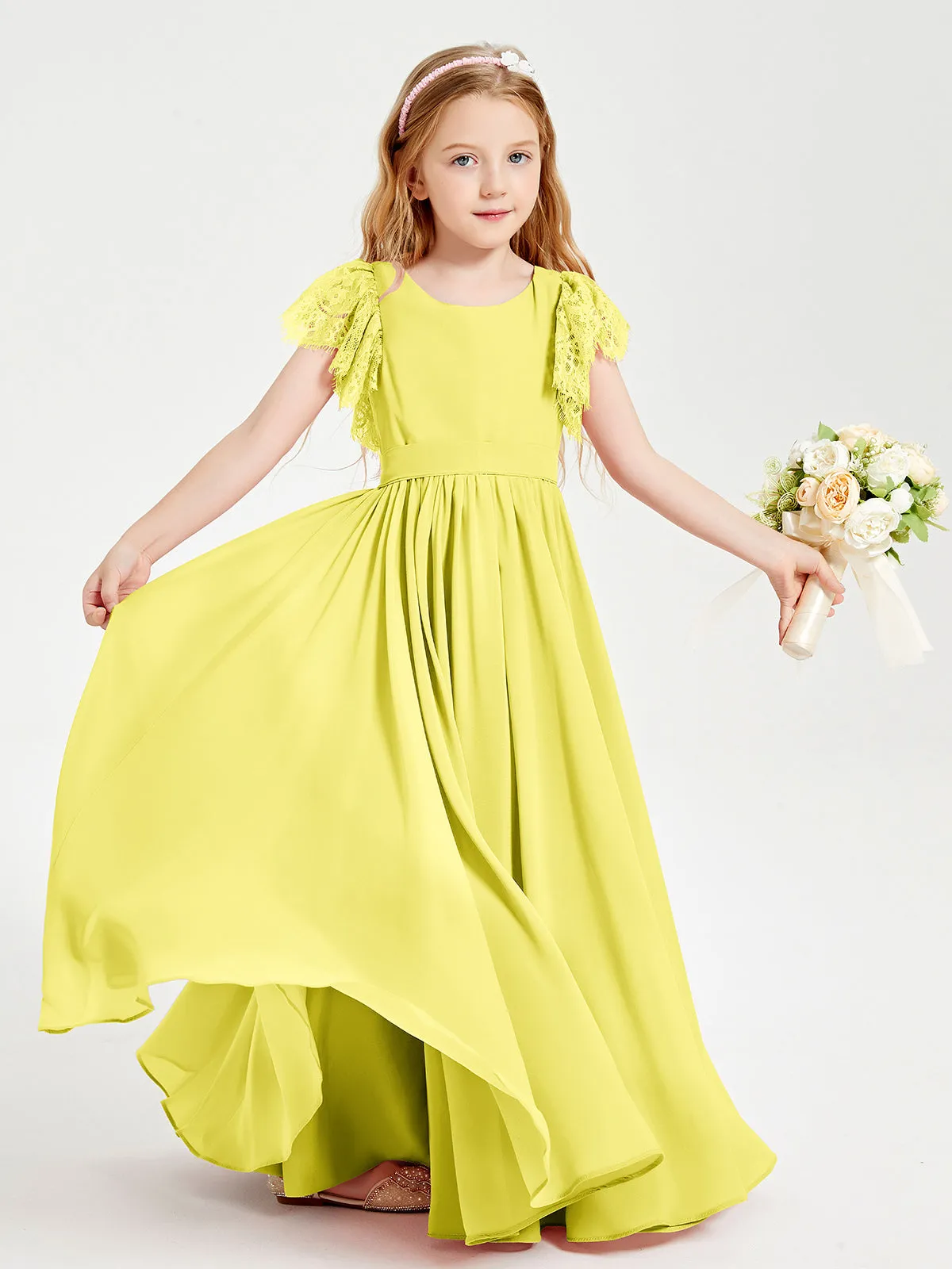 Chiffon Junior Bridesmaid Dresses Lace Flutter Sleeves Scoop Neck Lemon