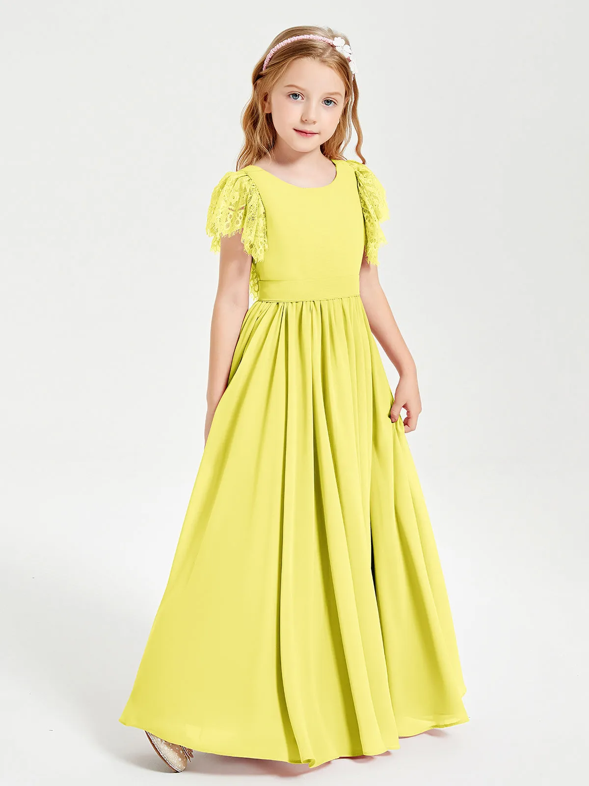 Chiffon Junior Bridesmaid Dresses Lace Flutter Sleeves Scoop Neck Lemon