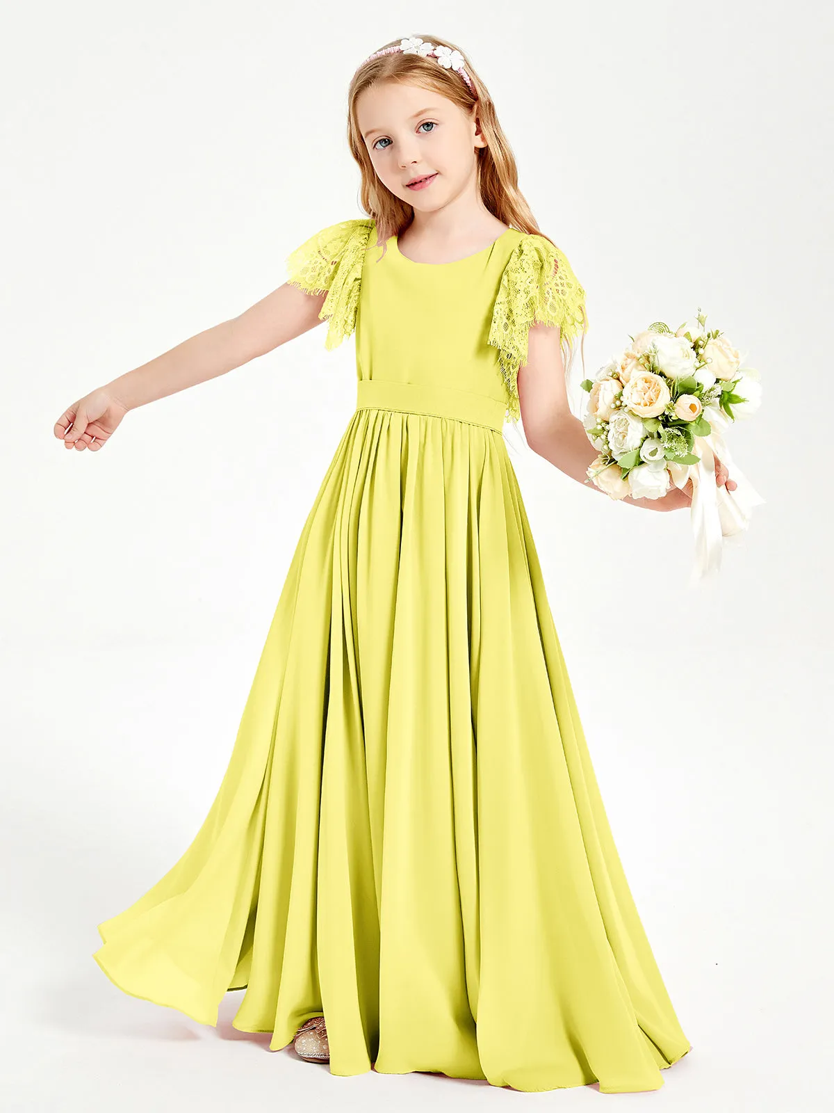 Chiffon Junior Bridesmaid Dresses Lace Flutter Sleeves Scoop Neck Lemon