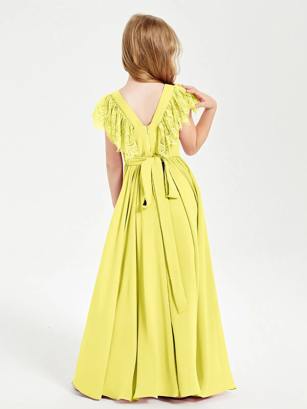 Chiffon Junior Bridesmaid Dresses Lace Flutter Sleeves Scoop Neck Lemon