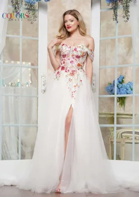 Colors Dress 3609 A Line Sequin Corset Floral Prom Dress off the Shoulder Maxi Slit Ball Gown Wedding