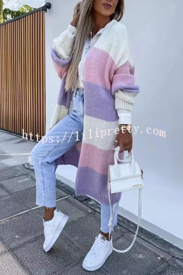Contrast Long Sleeve Multicolor Striped Cardigans