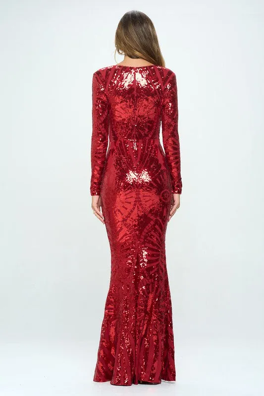 Dark Red Long Long Sleeve Sequined Evening Dress